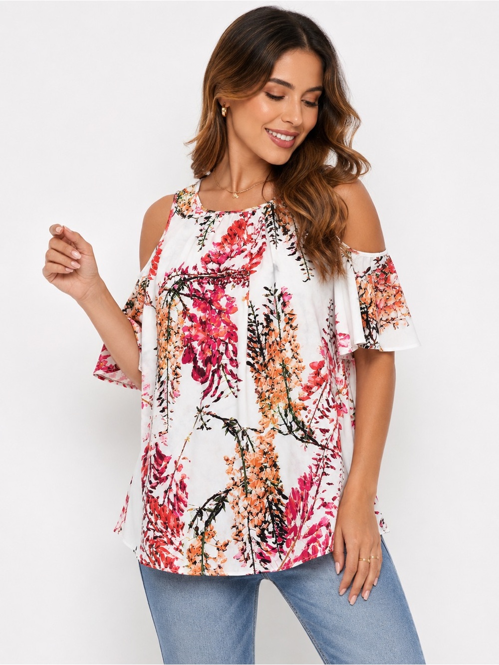 Worthington Floral Cold Shoulder Blouse Women’s Size Medium White Pink Orange
